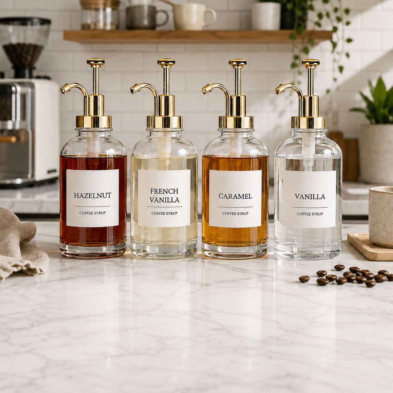 The Café Syrup Ritual Set — 4 Pack Glass Coffee Syrup Dispensers with Gold Pumps