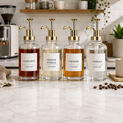 The Café Syrup Ritual Set — 4 Pack Glass Coffee Syrup Dispensers with Gold Pumps
