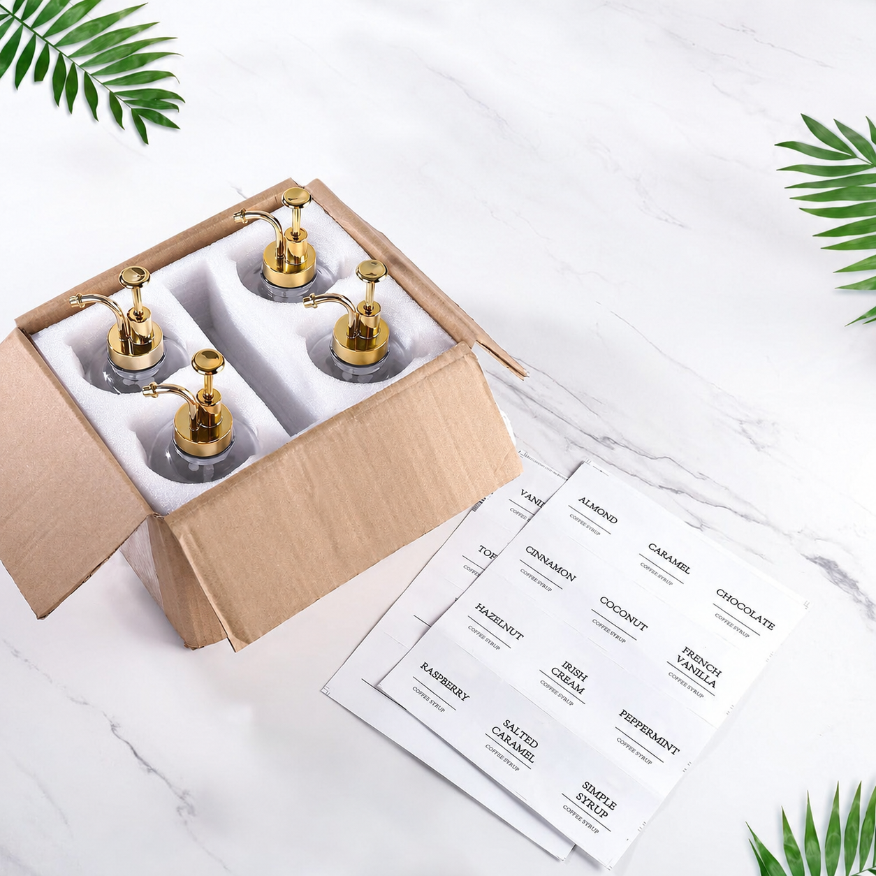 The Café Syrup Ritual Set — 4 Pack Glass Coffee Syrup Dispensers with Gold Pumps